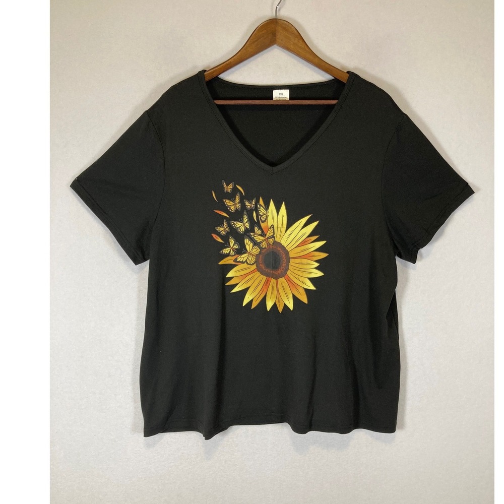 Naturecore‎ Sunny Women 1XL Black Sunflower Butterfly Graphic V-Neck Tee